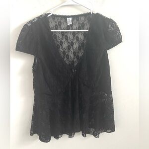 Women Black Babydoll Sheer Blouse Short Sleeve Whimsigoth fairy Dark Romantic XL